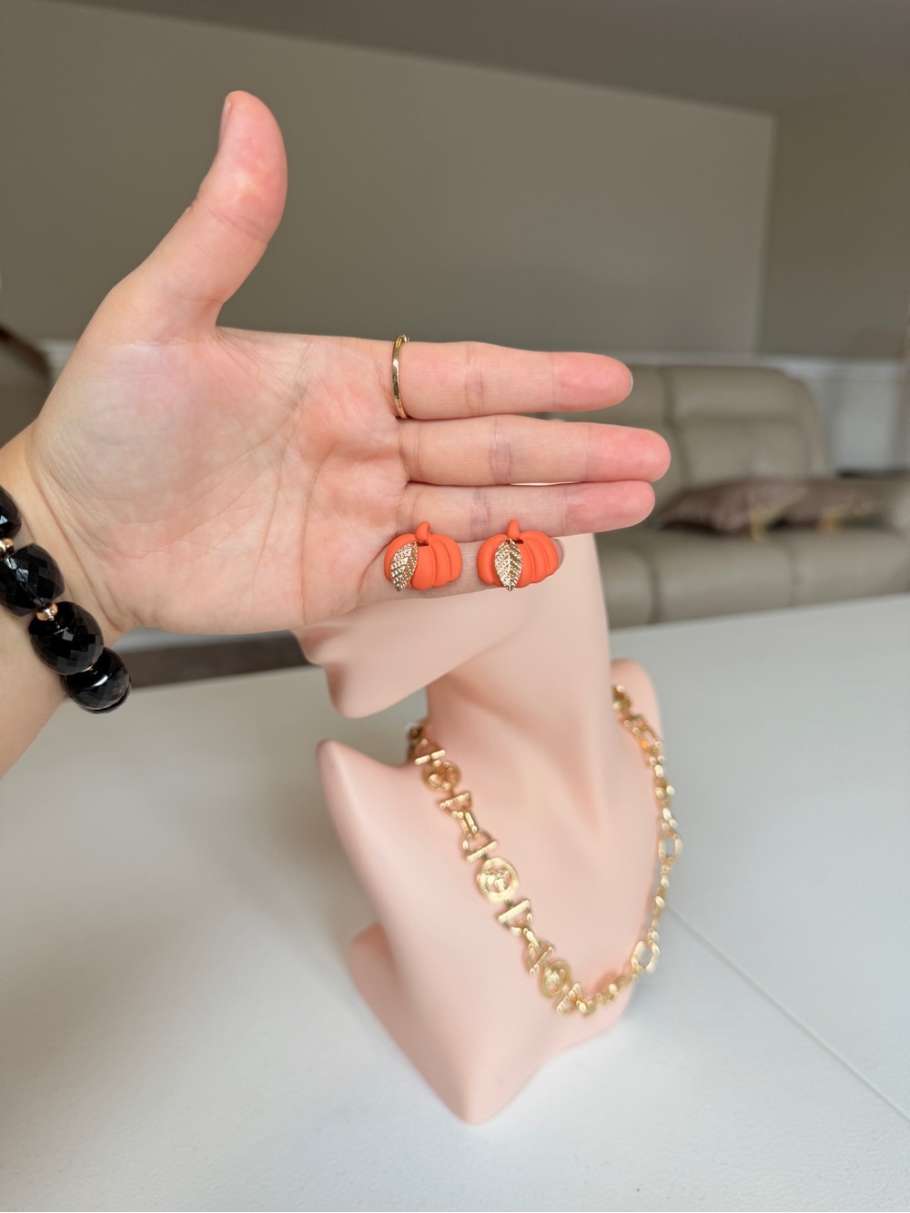 Gold Leaf Accent Orange Pumpkin Stud Earrings - Picture 10 of 12
